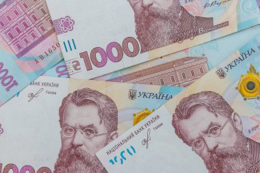 Ukrayna para birimi. Bin Hryvnia banknotunun arkaplanı