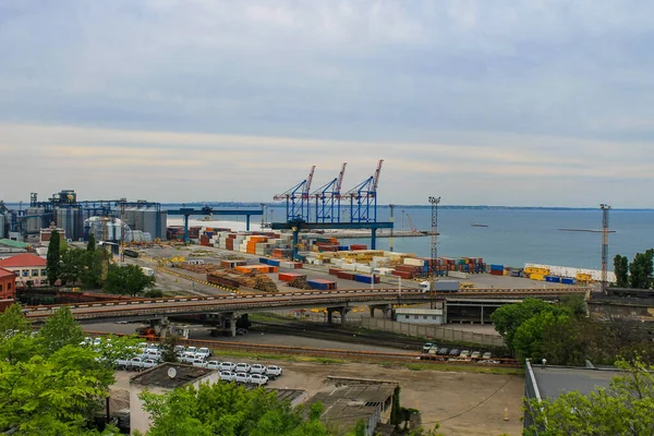Grúas Elevadoras Contenedores Transporte Graneros Puerto Marítimo Carga Odessa Ucrania — Foto de Stock