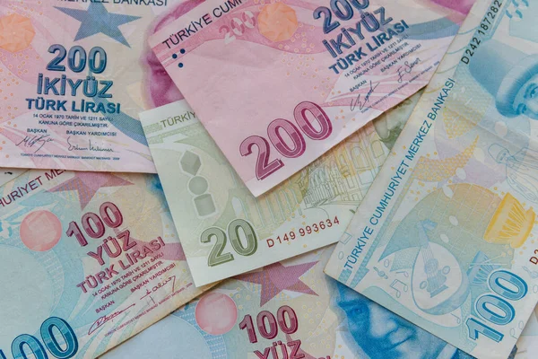 Achtergrond Van Verschillende Turkse Lira Bankbiljetten — Stockfoto