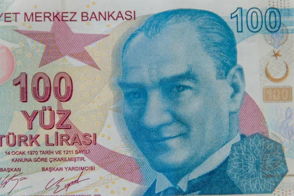 一百个土耳其里拉钞票的宏观镜头 — 图库照片
