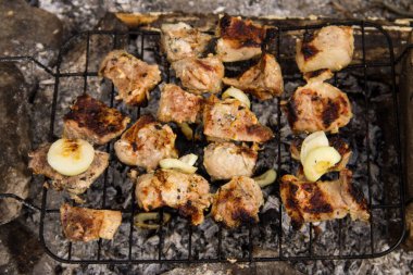 Izgarada domuz eti kızartılıyor. Kömürde et, barbekü yakın.