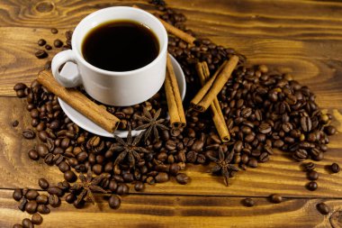 Bir fincan kahve, kavrulmuş kahve çekirdekleri, yıldız anason ve ahşap masada tarçın çubukları.