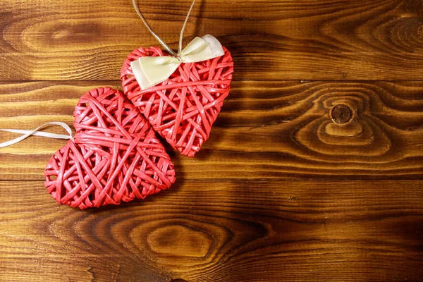 Two Pink Hearts Wooden Background Top View Copy Space — Stock Photo, Image