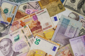 Multicurrency háttér euró USA dollár, orosz rubel, egyiptomi font és ukrán hrivnya