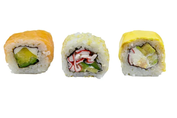 Trois Rouleaux Sushi Différents Isolés Sur Fond Blanc — Photo
