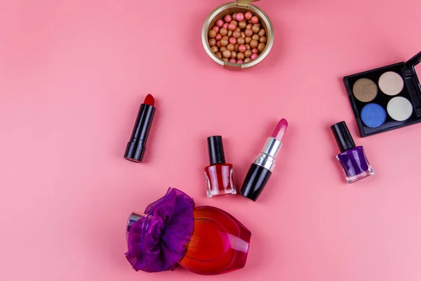 Set Decorative Cosmetics Pink Background Top View Flat Lay — Stock Photo, Image