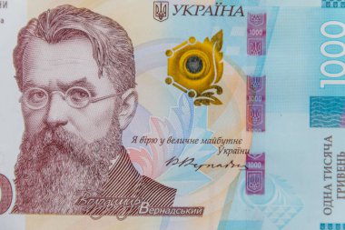 Ukrayna para birimi. 1000 Hryvnia banknotunun makro çekimi