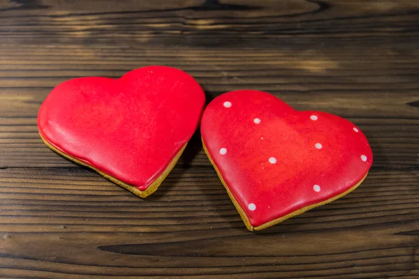 Galletas Forma Corazón Para San Valentín Mesa Madera Vista Superior — Foto de Stock