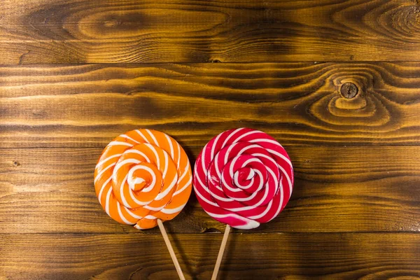 Sweet Lollipops Rustic Wooden Background Top View — Stock Photo, Image