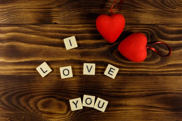 Red Hearts Love You Text Wooden Background Top View — Stock Photo, Image