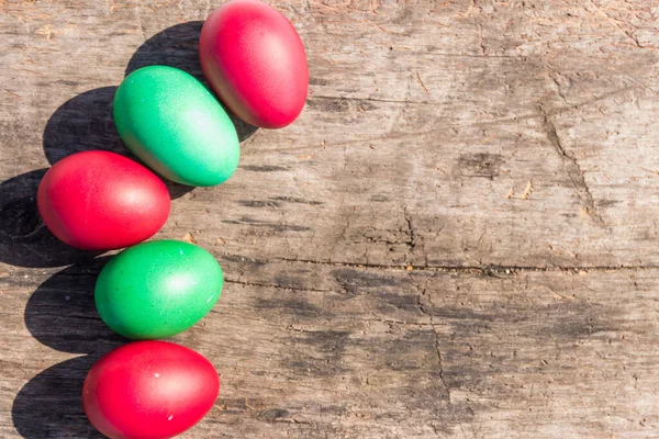 Painted Easter Eggs Rustic Wooden Background Top View Copy Space — Stock Photo, Image