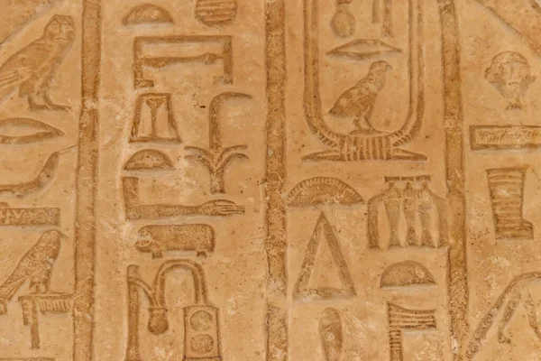 Ancient egyptian hieroglyphs carved on the stone wall