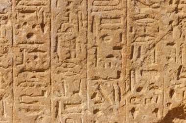 Mısır 'ın Luxor kentindeki Karnak Tapınağı Kompleksi' nin duvarında antik Mısır hiyeroglifleri var.