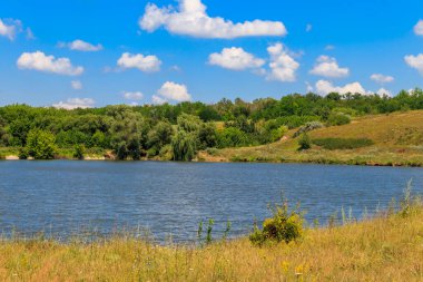 Güzel gölü olan yaz manzarası, yeşil çayırlar, tepeler, ağaçlar ve mavi gökyüzü.