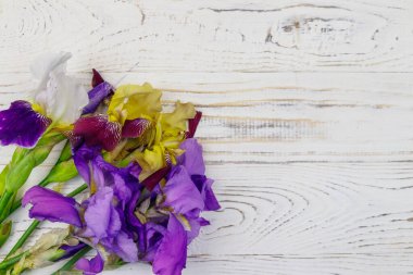 Beyaz ahşap arka planda bir buket renkli iris çiçeği. Üst görünüm, alanı kopyala