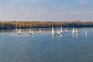 Kremenchug, Ukrayna 'daki Dinyeper Nehri' ndeki yelkenli yarışlarında yatlar
