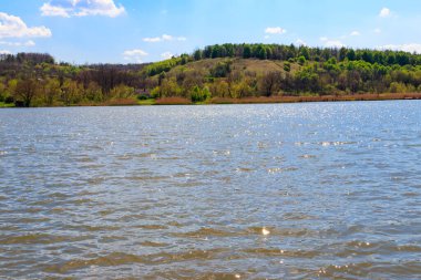 Güzel gölü olan bahar manzarası, yeşil çayırlar, tepeler, ağaçlar ve mavi gökyüzü.