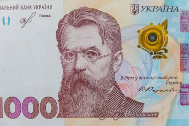 Ukrayna para birimi. 1000 Hryvnia banknotunun makro çekimi