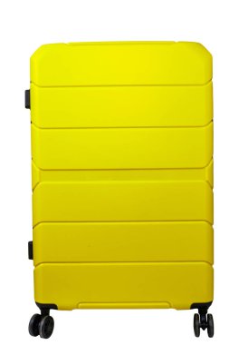 Sarı bavul beyaz arka planda izole edilmiş.