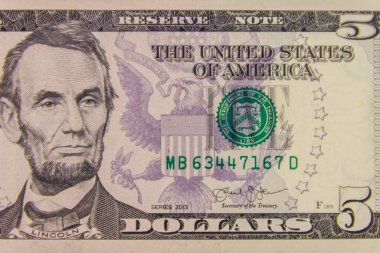 Beş dolarlık banknotun Macro çekimi.