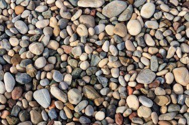 Yumuşak, yuvarlak çakıl taşları dokusu. Çakıl taşı sahili, yakın plan.