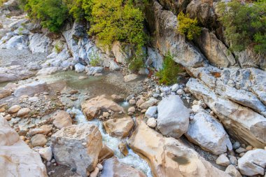 Güzel dağ deresi olan manzaralı bir yer. Küçük bir nehirde berrak suyu olan ideal bir manzara. Hızlı su akışı yakın çekim