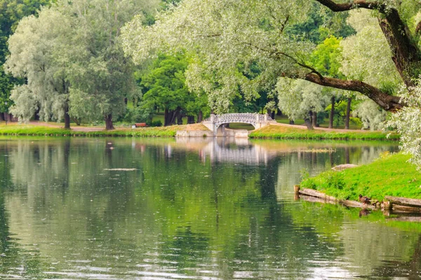 Lago Con Puente Viejo Parque Gatchina Rusia — Foto de Stock