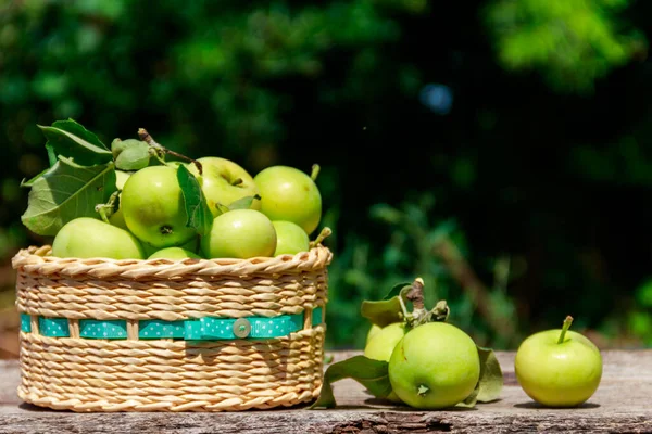 Fresh Ripe Apples Basket Rustic Wooden Table Outdoor Harvesting Concept — Stock Photo, Image