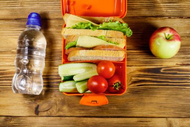 Bir şişe su, elma ve beslenme çantasıyla birlikte sandviçler ve taze sebzeler. Üst görünüm