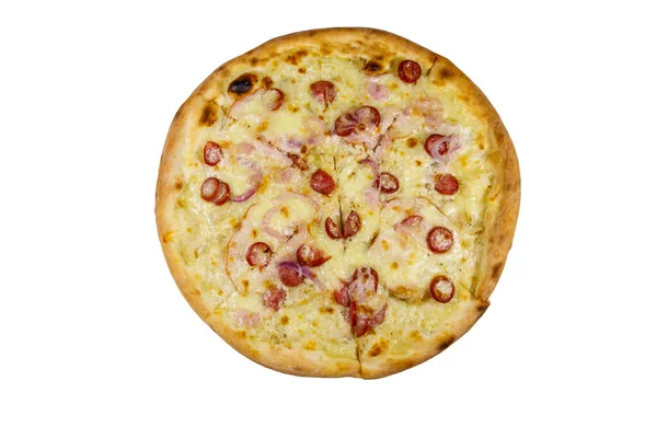 Deliciosa Pizza Fresca Con Salchicha Cebolla Roja Queso Aislado Sobre — Foto de Stock