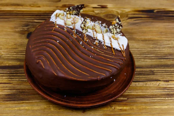 Tasty Chocolate Cake Wooden Table — Stock Photo, Image