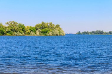 Güzel bir nehir, yeşil ağaçlar ve mavi gökyüzü olan yaz manzarası