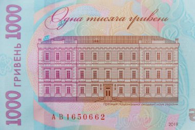 Ukrayna para birimi. 1000 Hryvnia banknotunun makro çekimi