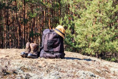 Turist sırt çantası, yürüyüş botları ve çam ormanında şapka. Yürüyüş konsepti