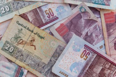 Farklı Mısır banknotlarının arkaplanı. Mısır para birimi