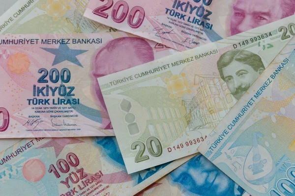 Achtergrond Van Verschillende Turkse Lira Bankbiljetten — Stockfoto