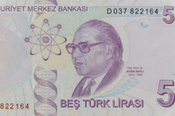 Makro Ujęcie Banknotu Nominale Pięciu Lirów Tureckich — Zdjęcie stockowe