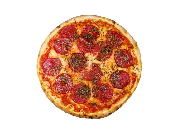 Deliciosa Pizza Fresca Con Salchicha Queso Aislado Sobre Fondo Blanco — Foto de Stock