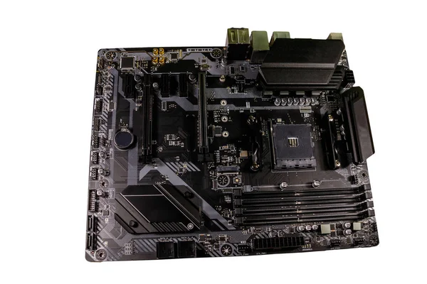 Modernes Computermotherboard Isoliert Auf Weißem Hintergrund Elektronische Computerhardware — Stockfoto