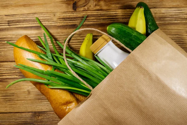 Paper Bag Different Food Wooden Table Top View Grocery Shopping — Stock Photo, Image