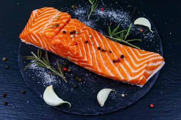 Raw Salmon Fillet Spices Black Slate — Stock Photo, Image