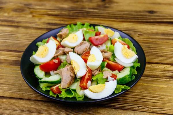 Tasty Tuna Salad Eggs Lettuce Fresh Vegetables Wooden Table — Stock Photo, Image