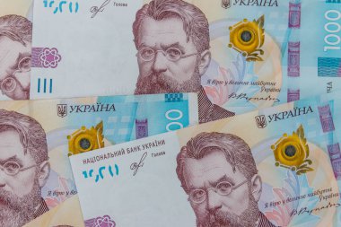 Ukrayna para birimi. Bin Hryvnia banknotunun arkaplanı