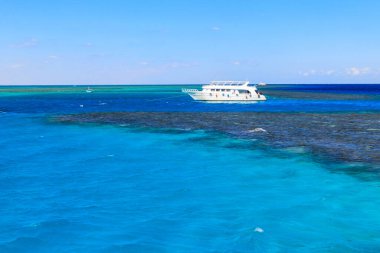 Mısır 'daki Kızıl Deniz' deki mercan resifinin yanında demirli beyaz yat.
