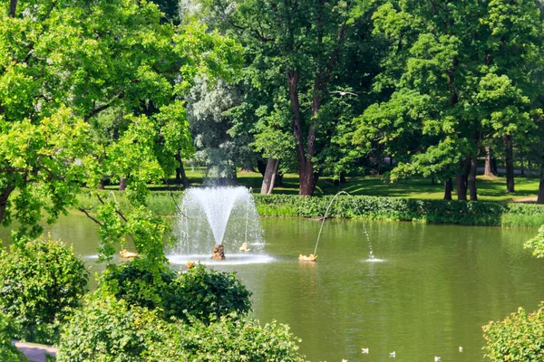 Písečný Rybník Fontánou Velryba Figurkami Fontány Delfín Dolním Parku Peterhof — Stock fotografie