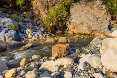Güzel dağ deresi olan manzaralı bir yer. Küçük bir nehirde berrak suyu olan ideal bir manzara. Hızlı su akışı yakın çekim
