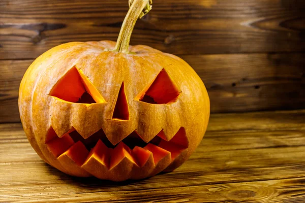 Spooky Halloween Zucca Jack Lanterna Uno Sfondo Legno — Foto Stock