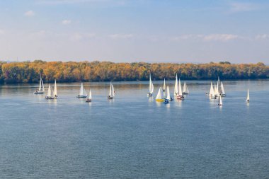 Kremenchug, Ukrayna 'daki Dinyeper Nehri' ndeki yelkenli yarışlarında yatlar