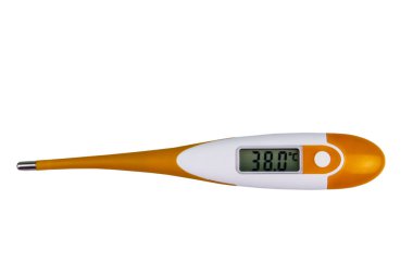 Dijital tıbbi termometre beyaz zeminde yüksek ateş izole edildiğini gösteriyor.