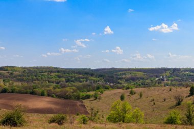 Yeşil ağaçlar, çayırlar, tarlalar ve mavi gökyüzü ile ilkbahar manzarası